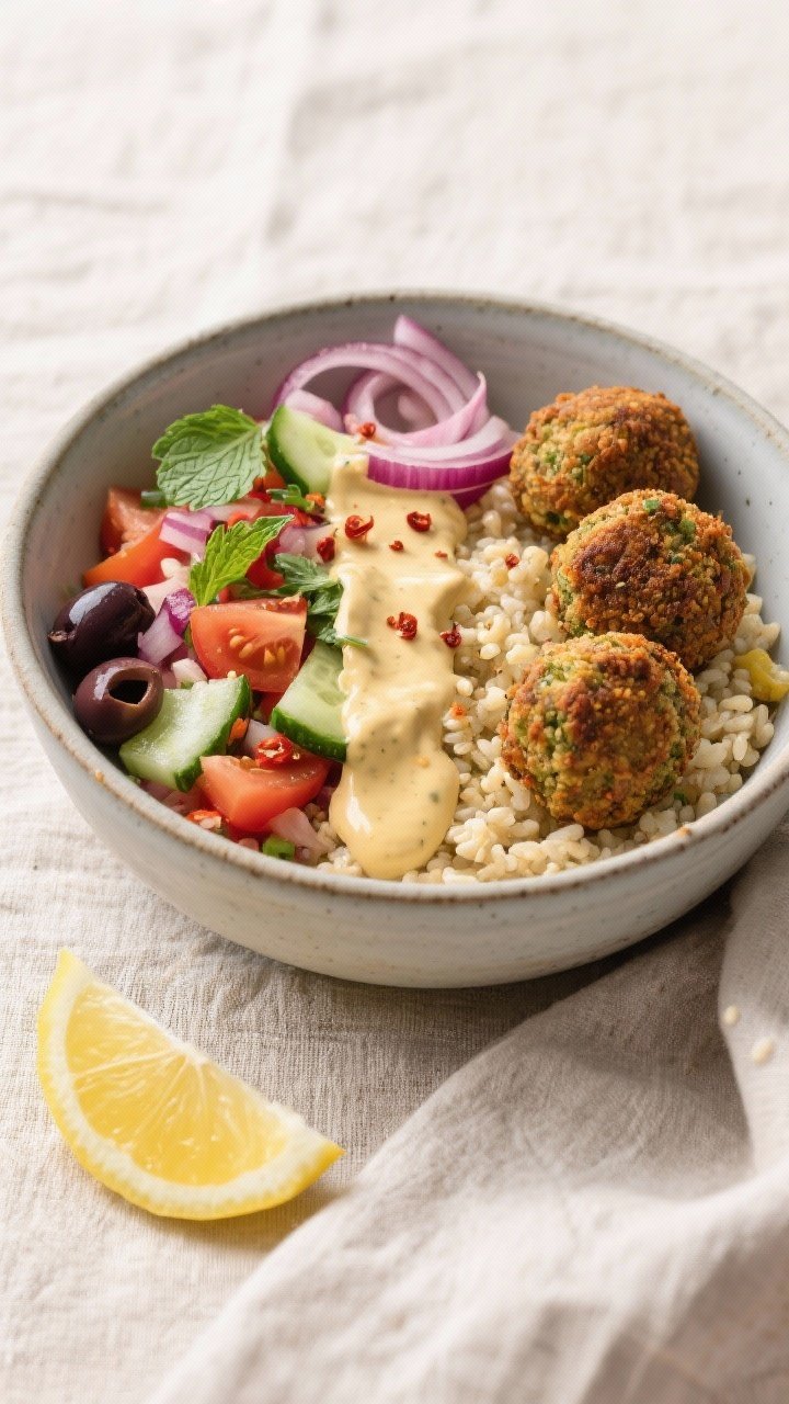 Tasty top view: Overhead shot of a composed Falafel Bowl—fluffy fine bulgur fluffed with olive oil