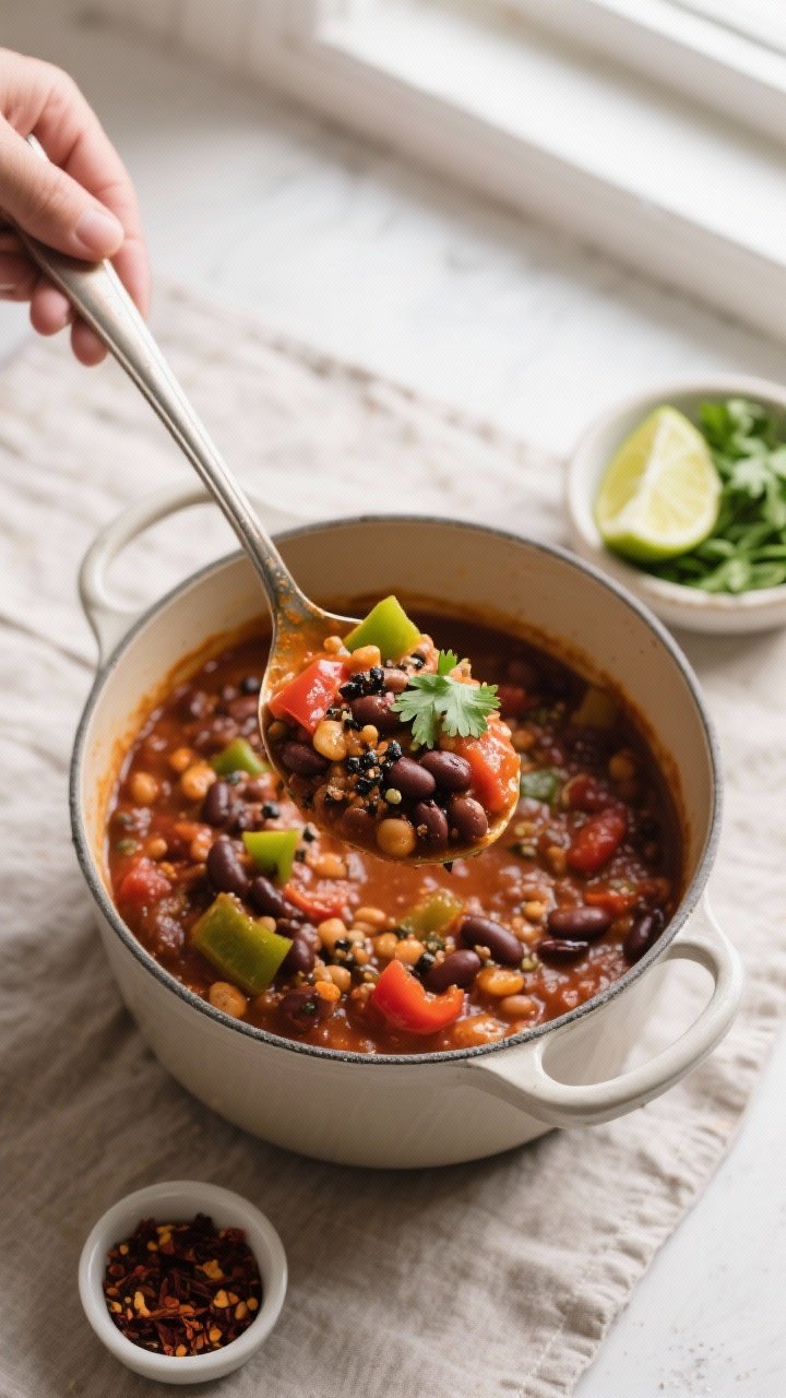 Tasty top view: Overhead shot of a ladle poised above the pot, lifting a hearty scoop of the finishe
