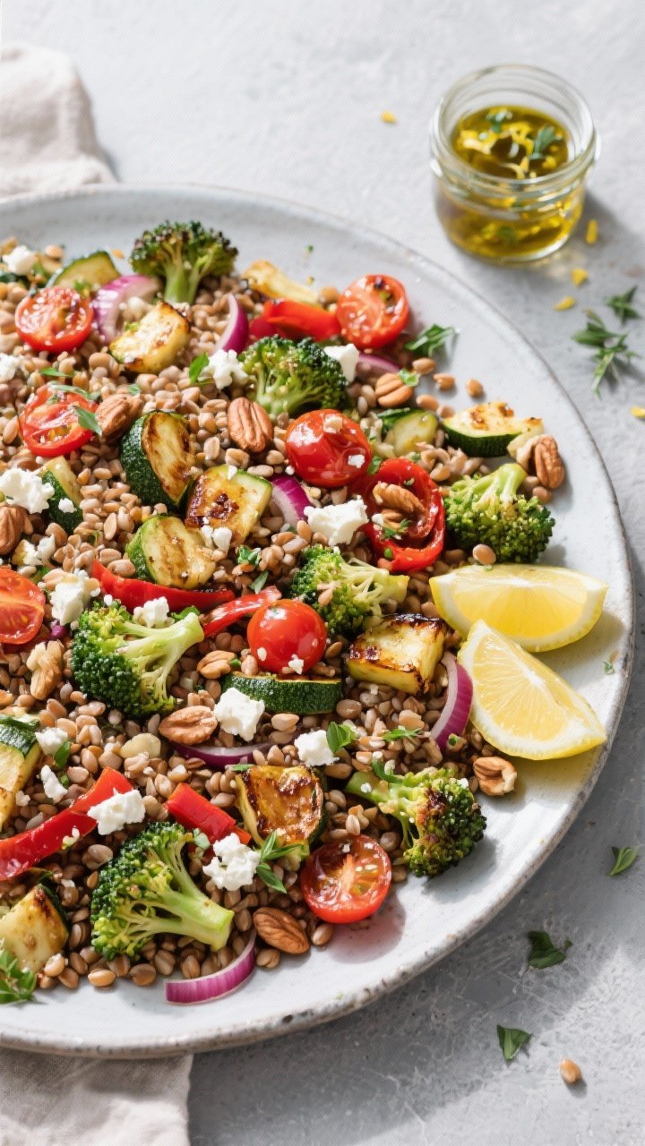Tasty top view: Overhead shot of a large sharing platter of the finished buckwheat salad—nutty buc