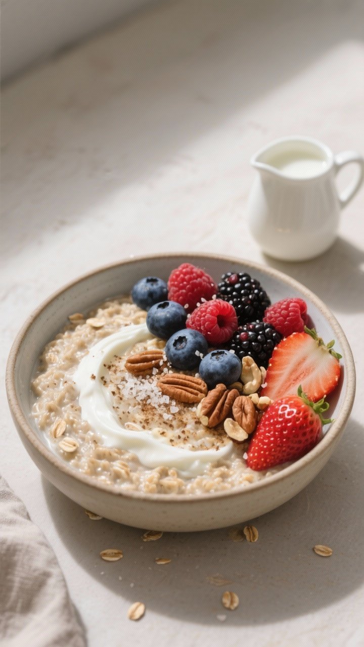 Tasty top view: Overhead shot of a neatly arranged breakfast scene featuring the final plated Overni