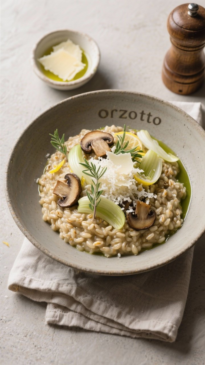 Tasty top view: Overhead shot of a warm bowl of barley “orzotto” plated restaurant-style—cream