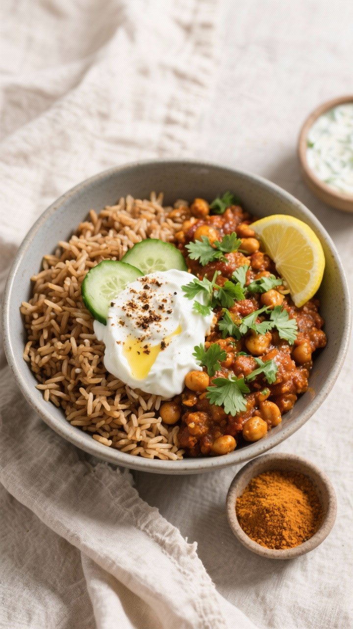 Tasty top view: Overhead shot of a weeknight power bowl—fluffy brown basmati on one side, vibrant