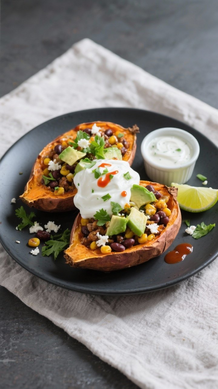 Tasty top view: Overhead shot of assembled baked sweet potatoes on a matte charcoal plate, stuffed w