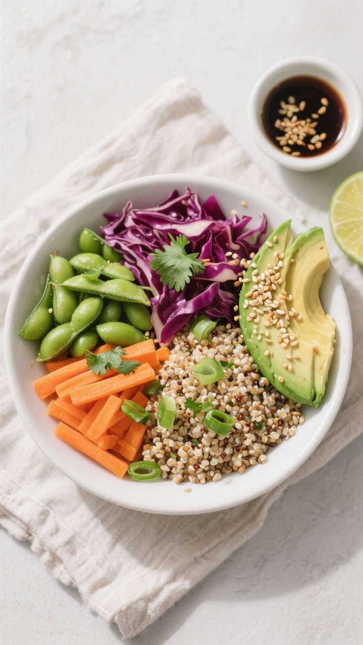 Tasty top view: Overhead shot of the assembled Quinoa Bowl with edamame, red cabbage, carrot, and gr