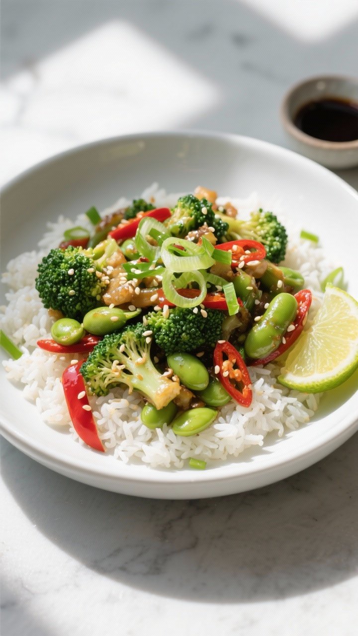 Tasty top view: Overhead shot of the finished Broccoli–Edamame Stir-Fry served over fluffy jasmine