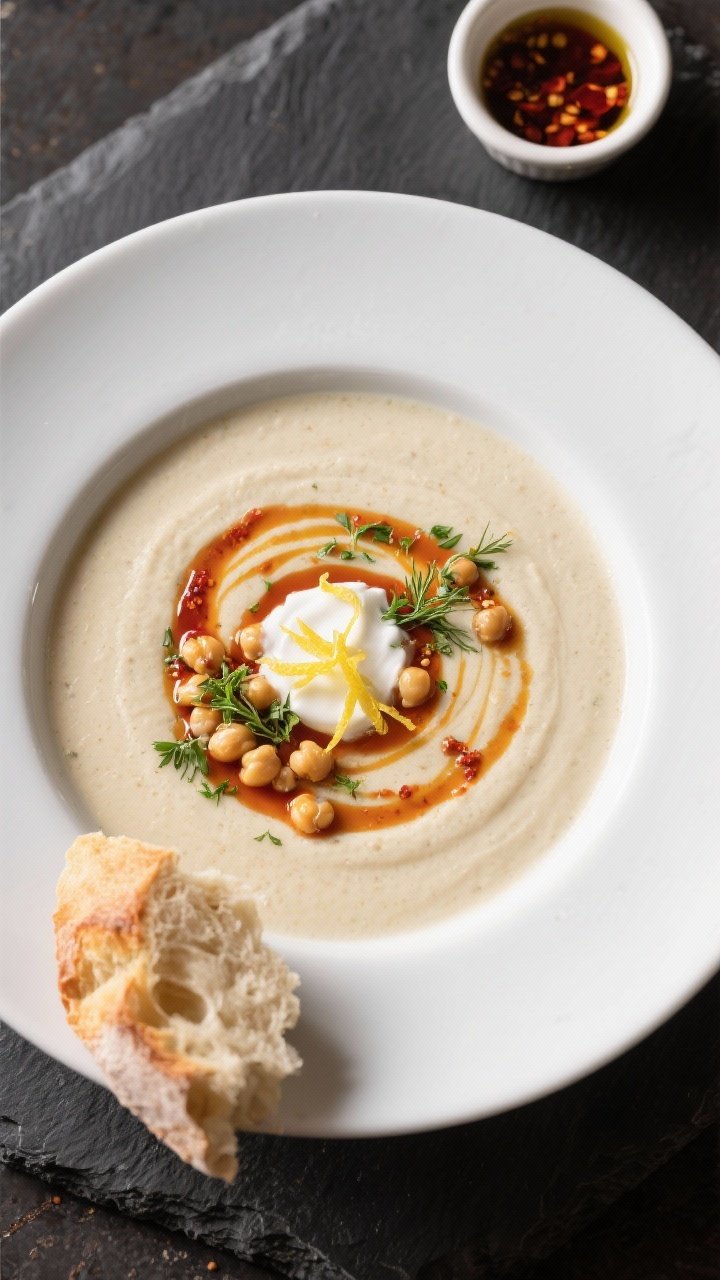 Tasty top view: Overhead shot of the finished Parsnip–Chickpea Soup styled for serving—ultra-smo
