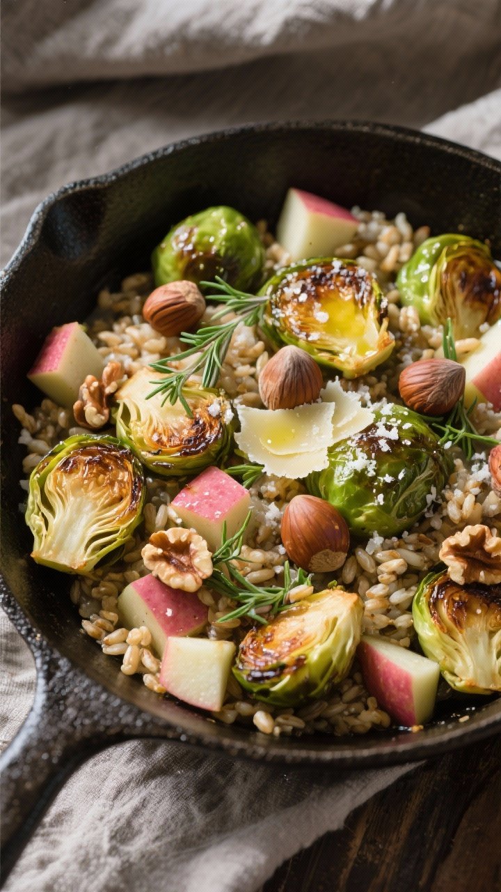 Tasty top view: Overhead shot of the finished Roasted Brussels Sprouts Skillet with Hazelnuts, Pearl