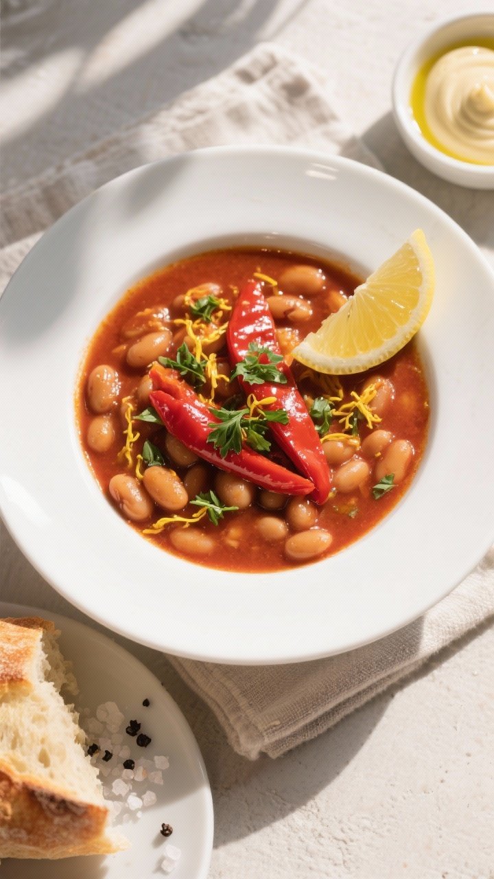 Tasty top view: Overhead shot of the finished Spanish bean stew ladled into a wide, shallow white bo