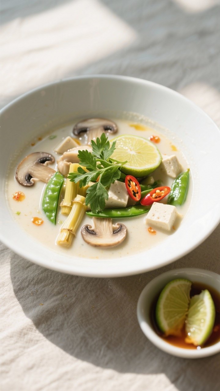 Tasty top view: Overhead shot of the finished Tom Kha Mushroom Soup in a wide white bowl, showcasing