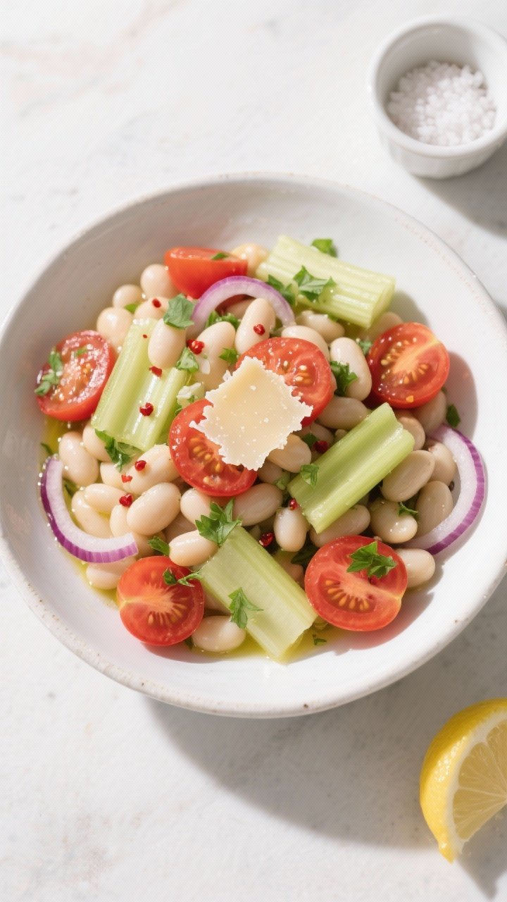 Tasty top view: Overhead shot of the finished Tuscan Bean Salad in a wide, shallow white ceramic bow