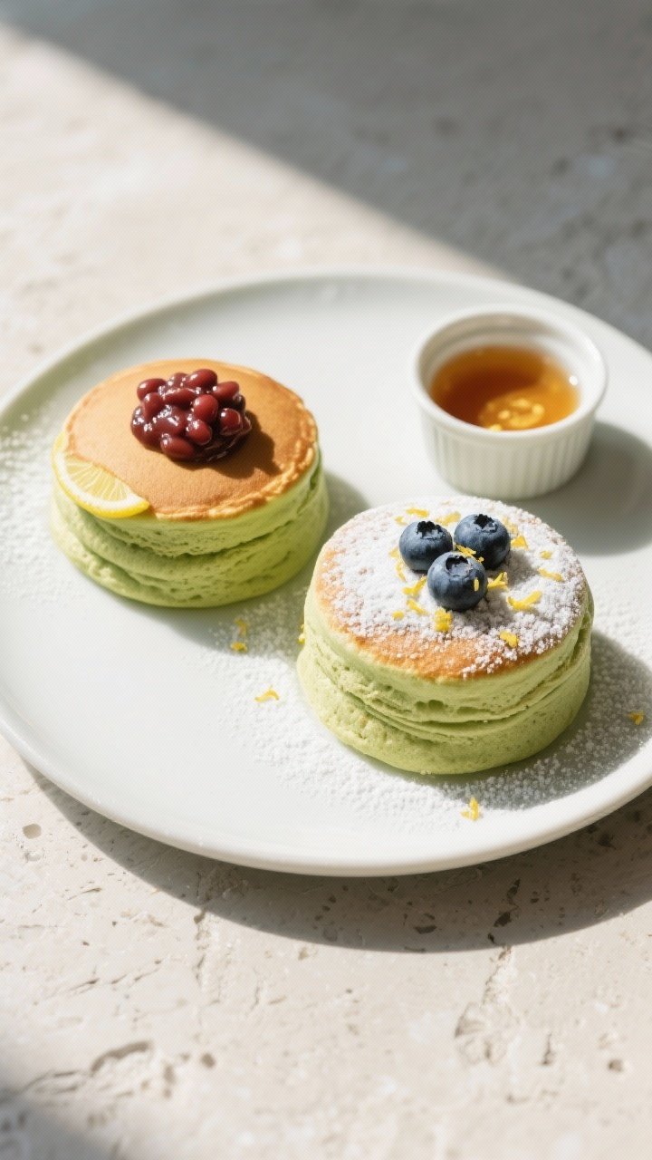 Tasty top view: Overhead shot of two Japanese soufflé pancakes plated side-by-side, matcha variatio