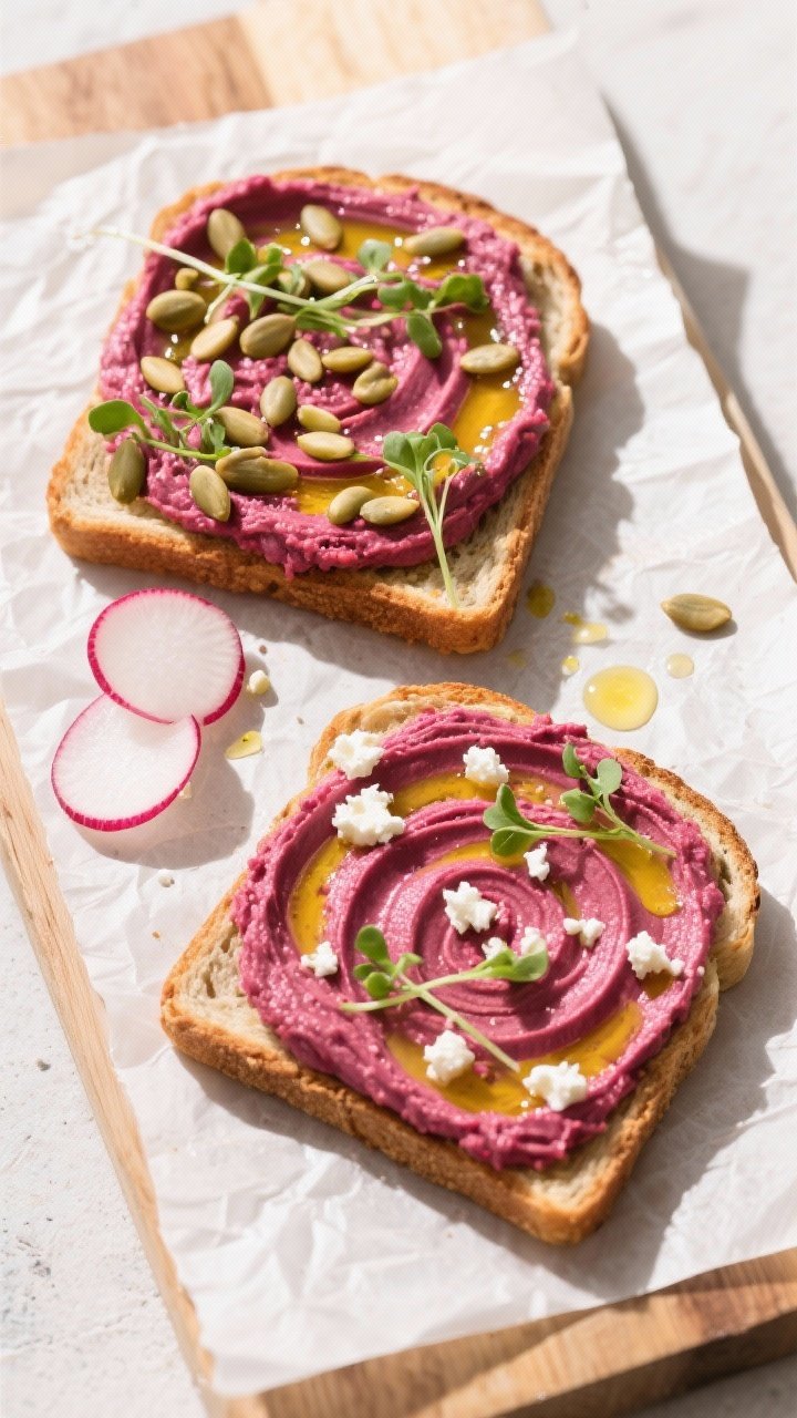 Tasty top view: Overhead shot of two slices of Beet Hummus Toast arranged slightly offset on a parch