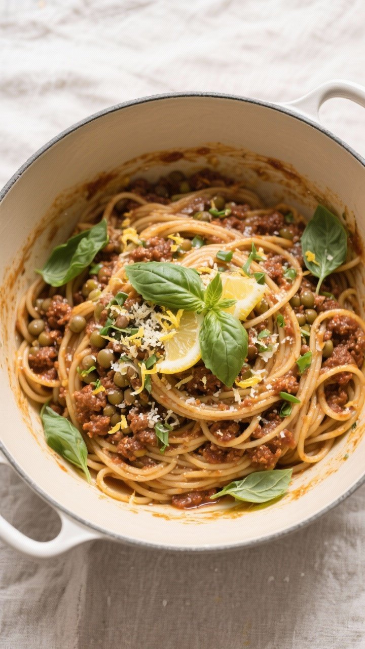 Tasty top view: Overhead shot of whole-wheat spaghetti tossed with the lentil Bolognese in a large,
