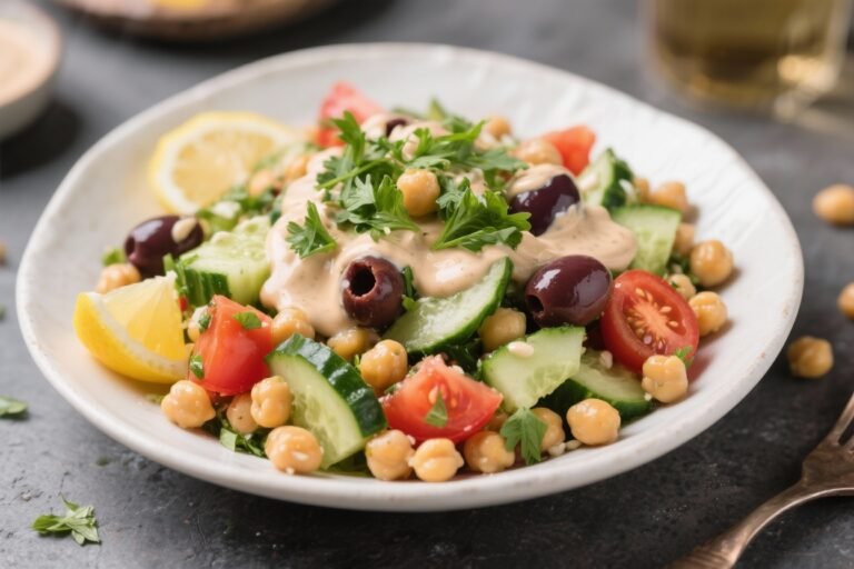 Meet Your New Power Lunch: Mediterranean Chickpea Salad with Cucumber, Tomato, Olives, Parsley, Lemon-Tahini Dressing