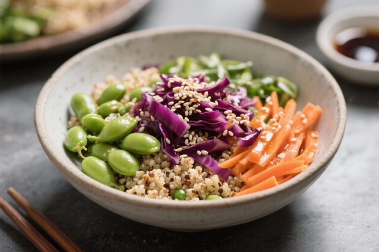 Quinoa Bowl with Edamame, Red Cabbage, Carrot, Sesame, Soy‑Ginger Dressing: The 15-Minute Power Lunch You’ll Actually Crave