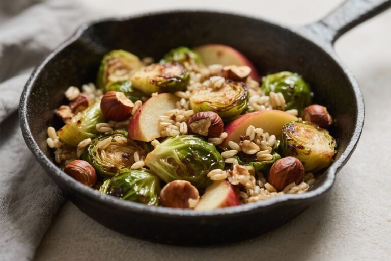 Roasted Brussels Sprouts Skillet with Hazelnuts, Pearl Barley, and Apple: The Crunchy-Savory Fall Power Bowl You Didn’t Know You Needed