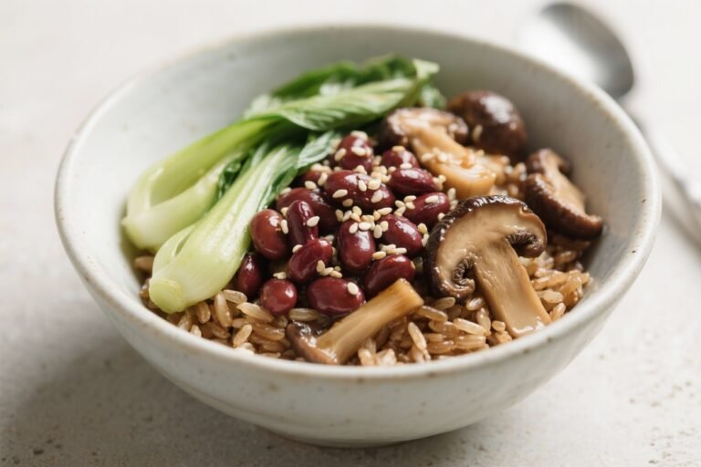 Miso Bean Bowl: adzuki beans, bok choy, mushrooms, brown rice, sesame — The Umami Power Lunch You’ll Crave on Repeat