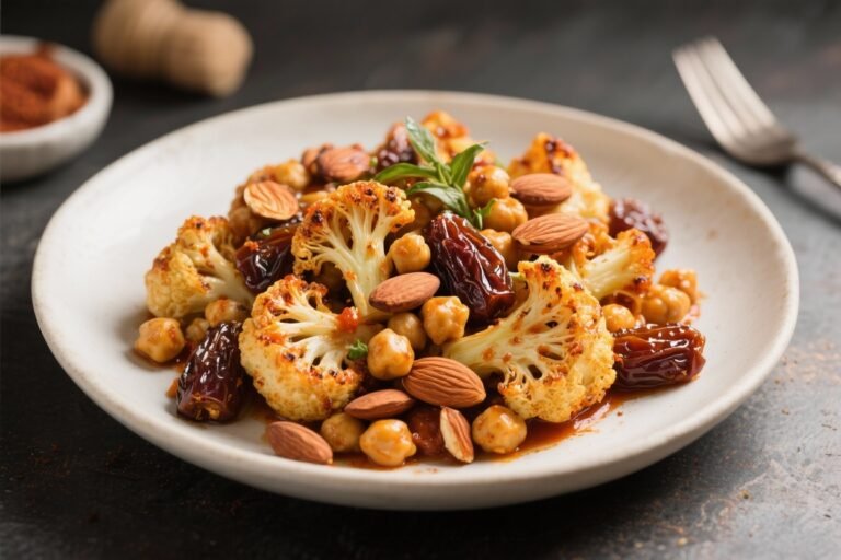 Roasted Harissa Cauliflower with Chickpeas, Dates, and Toasted Almonds: The Sweet-Heat Sheet Pan You’ll Crave on Repeat